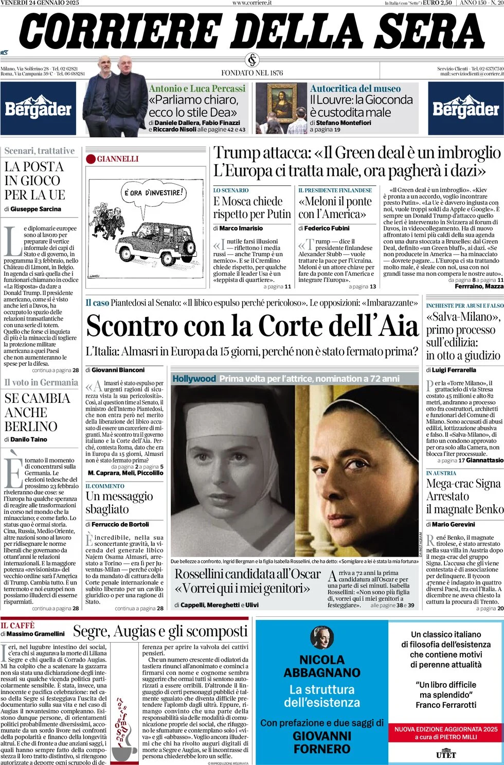anteprima della prima pagina di corriere-della-sera del 24/01/2025