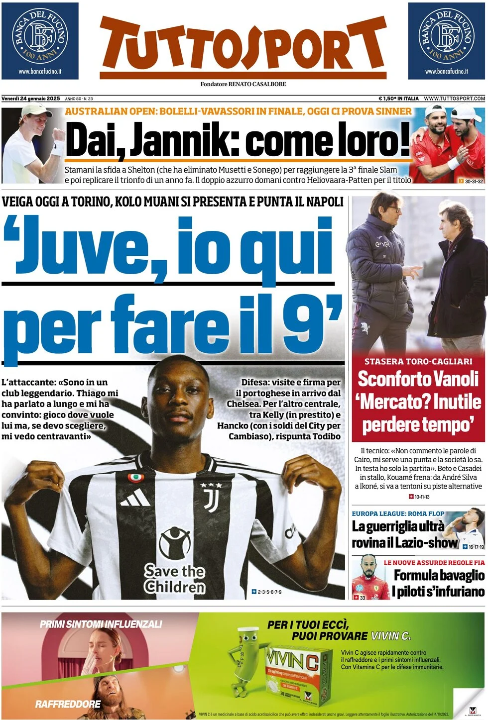 anteprima della prima pagina di tuttosport del 24/01/2025
