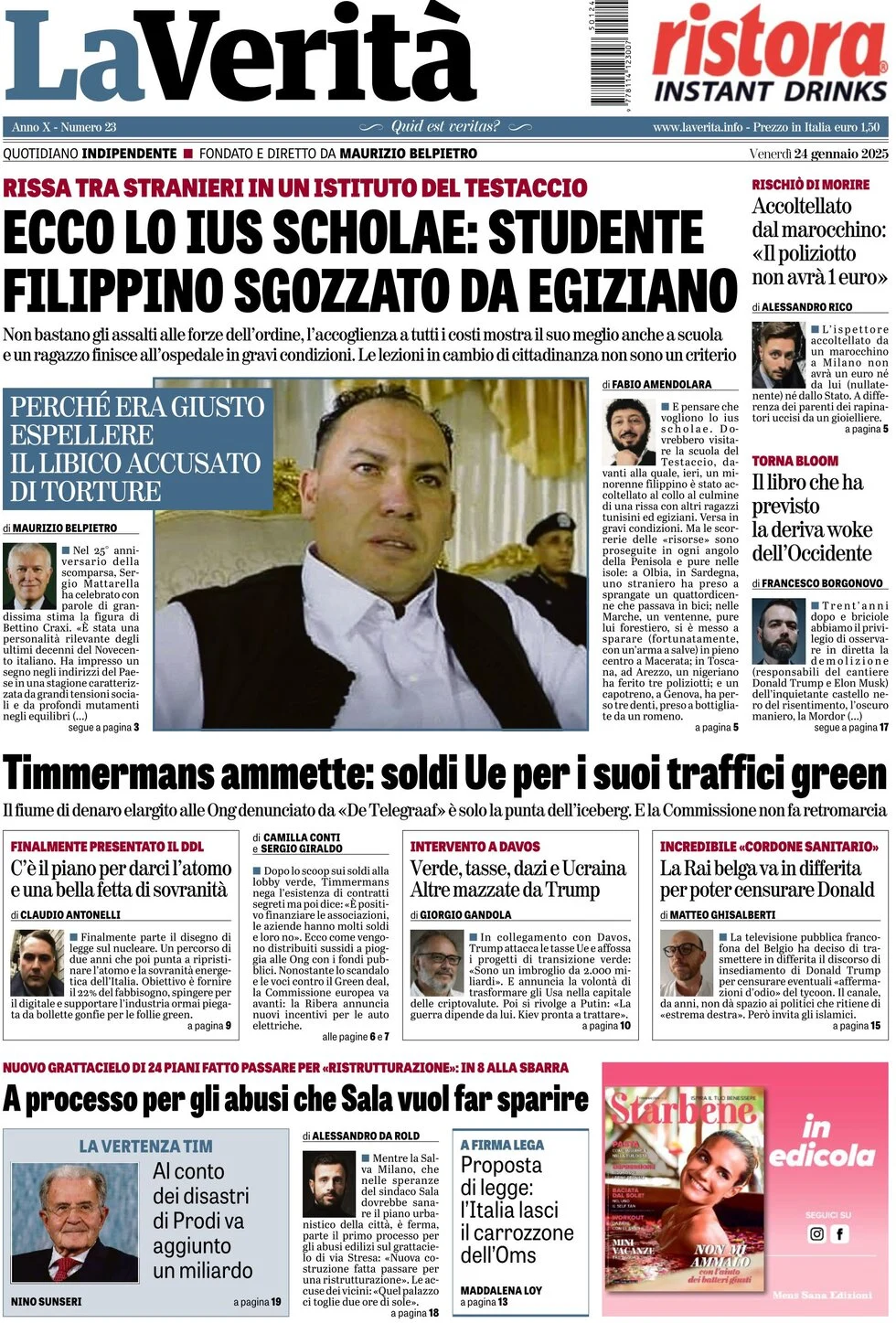 anteprima della prima pagina di la-verit del 24/01/2025