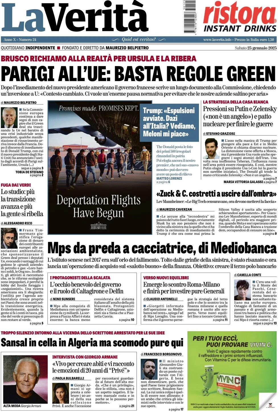 anteprima della prima pagina di la-verit del 25/01/2025