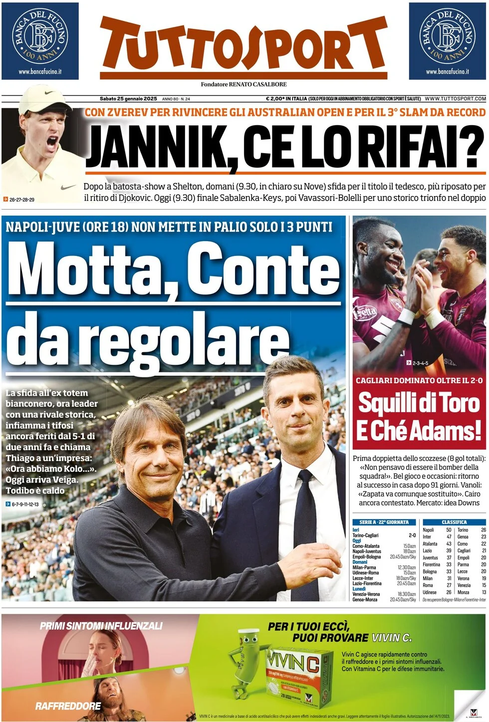 anteprima della prima pagina di tuttosport del 25/01/2025
