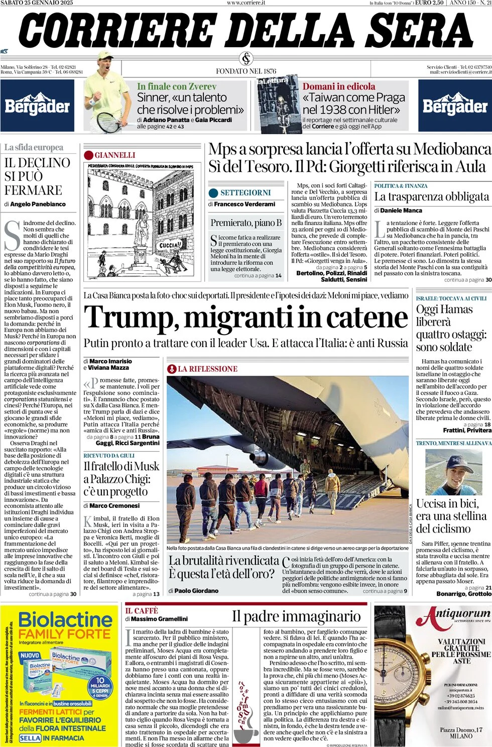 anteprima della prima pagina di corriere-della-sera del 25/01/2025