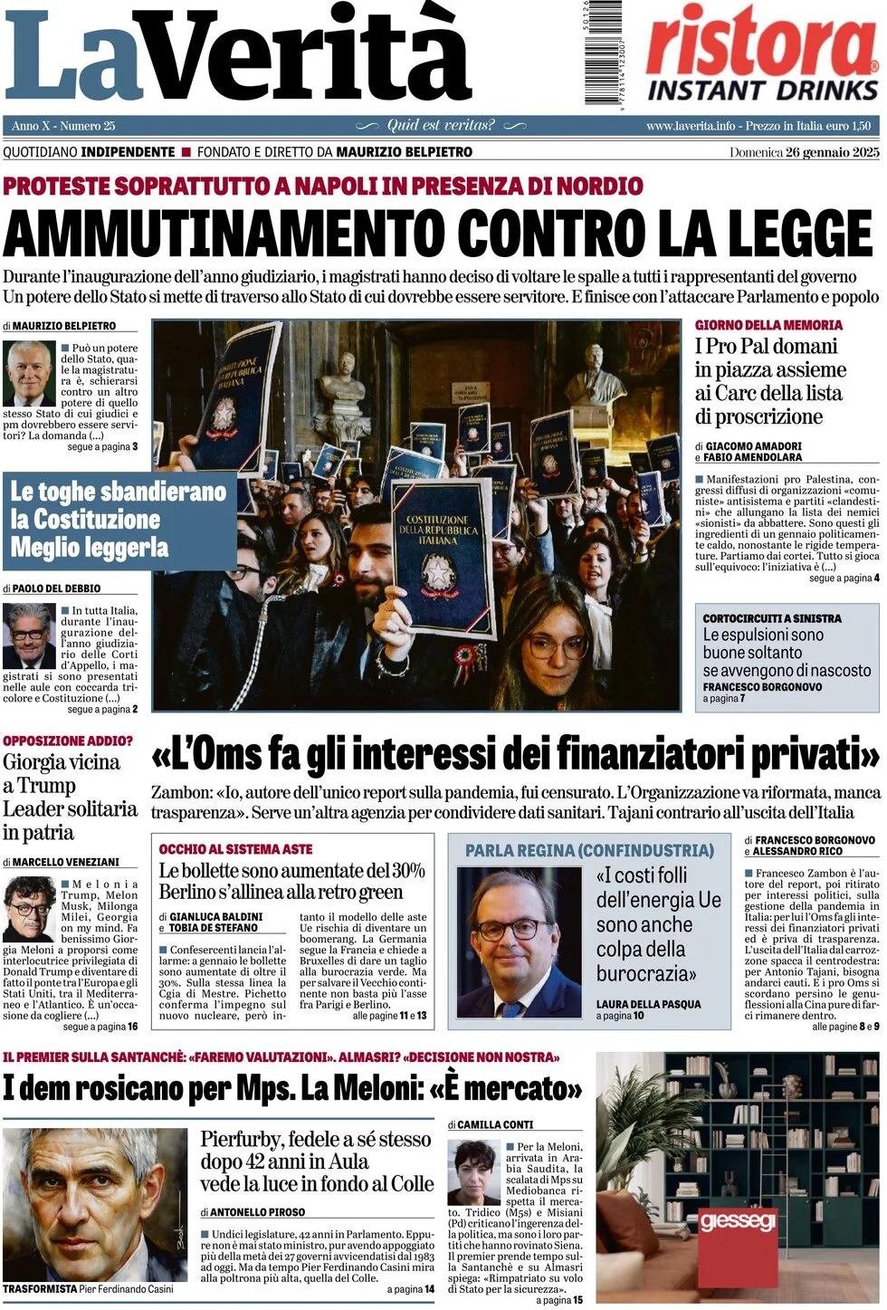 anteprima della prima pagina di la-verit del 26/01/2025