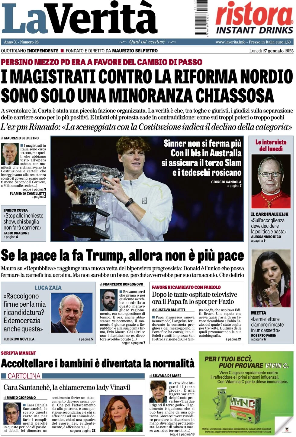 anteprima della prima pagina di la-verit del 27/01/2025