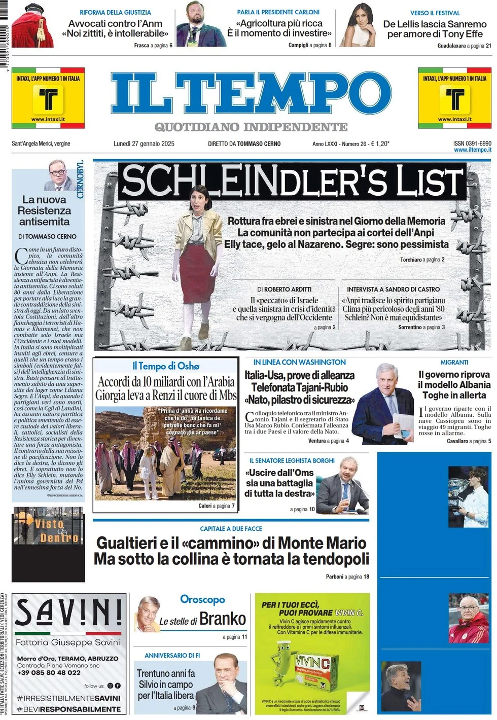 anteprima della prima pagina di il-tempo del 27/01/2025