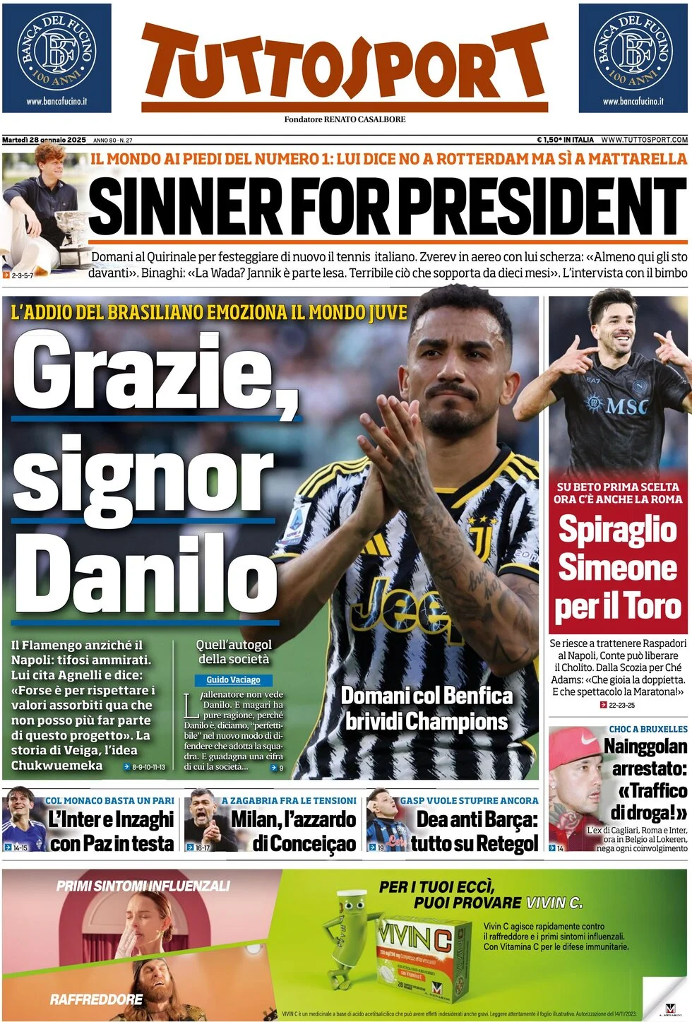 anteprima della prima pagina di tuttosport del 28/01/2025