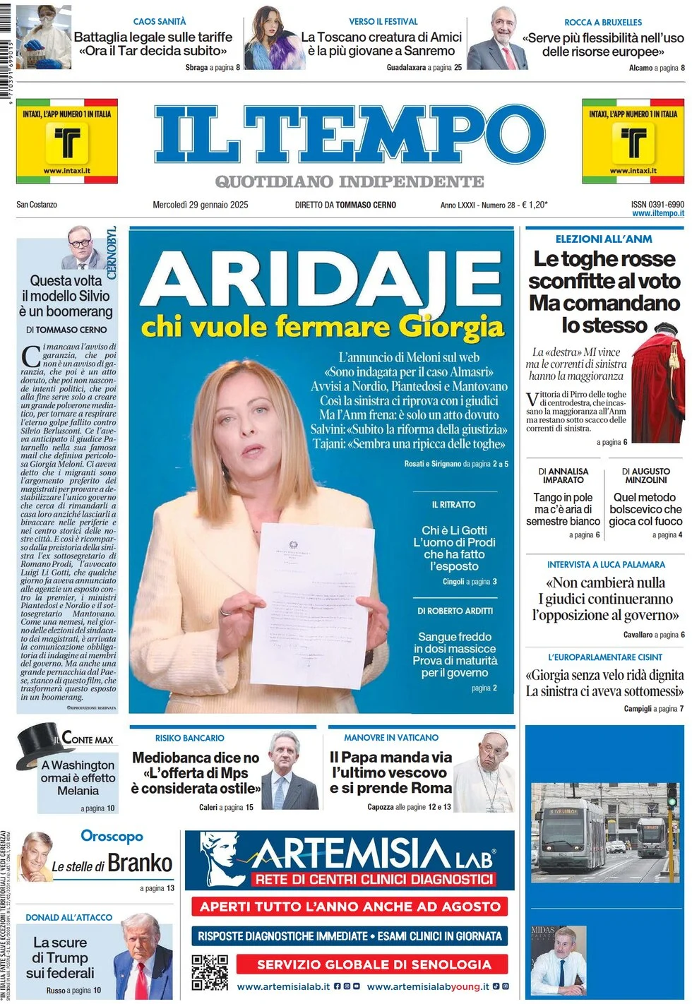 anteprima della prima pagina di il-tempo del 29/01/2025