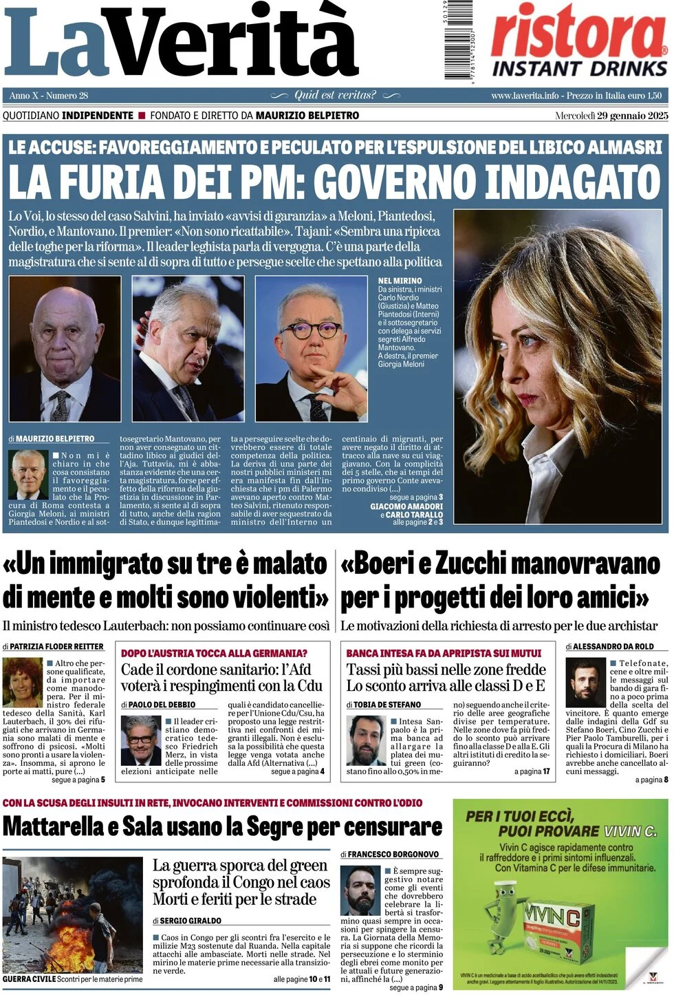 anteprima della prima pagina di la-verit del 29/01/2025