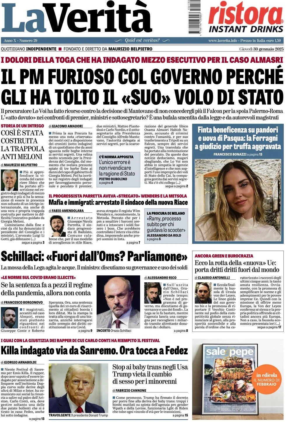 anteprima della prima pagina di la-verit del 30/01/2025