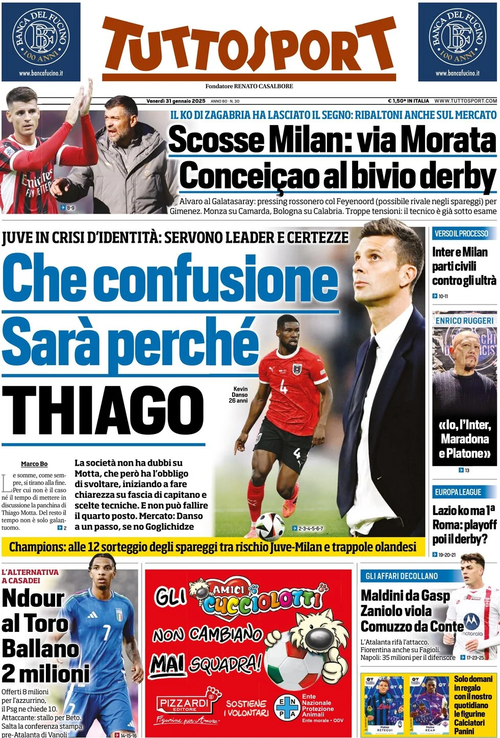 anteprima della prima pagina di tuttosport del 31/01/2025