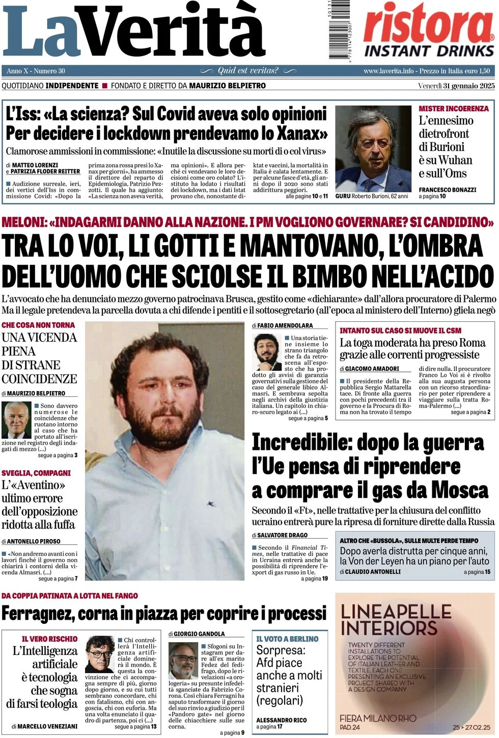 anteprima della prima pagina di la-verit del 31/01/2025