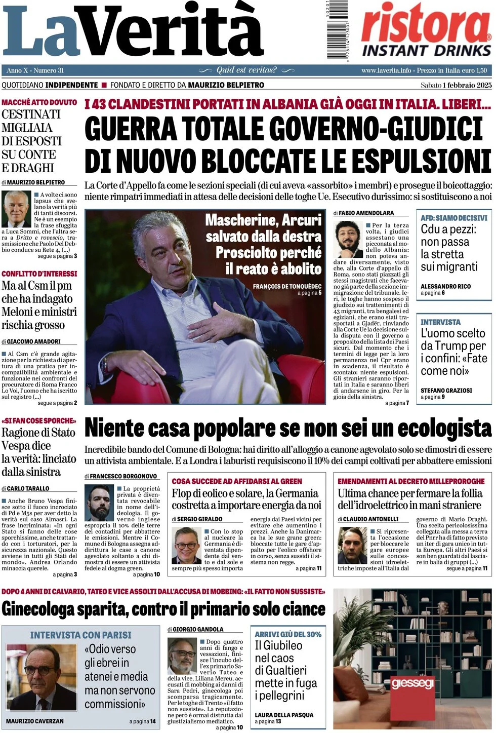 anteprima della prima pagina di la-verit del 01/02/2025