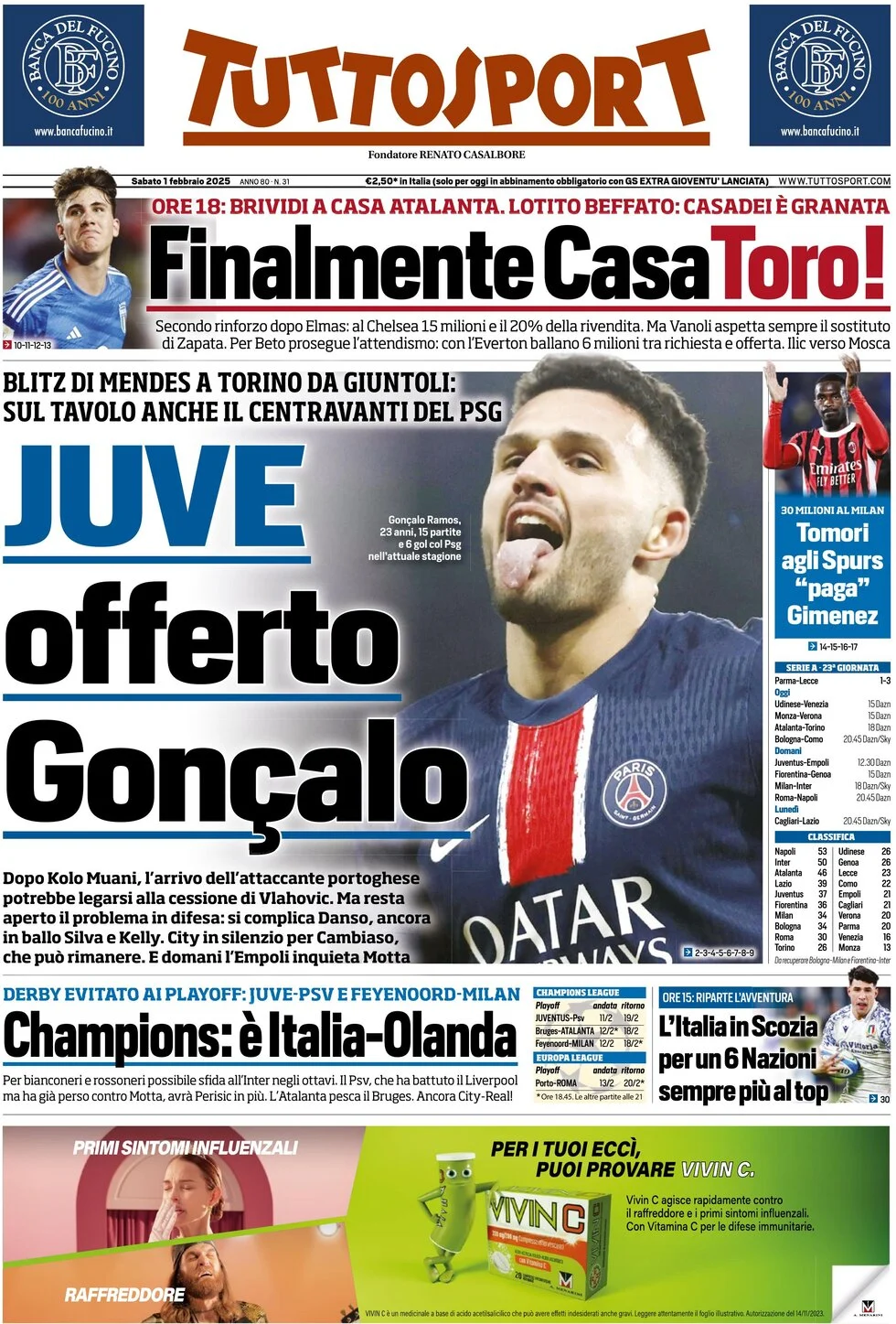 anteprima della prima pagina di tuttosport del 01/02/2025