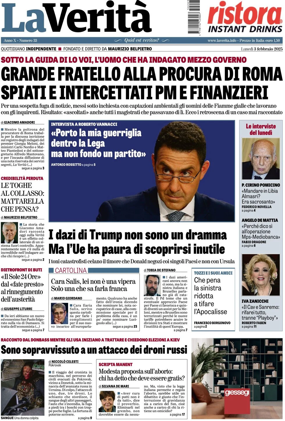anteprima della prima pagina di la-verit del 03/02/2025