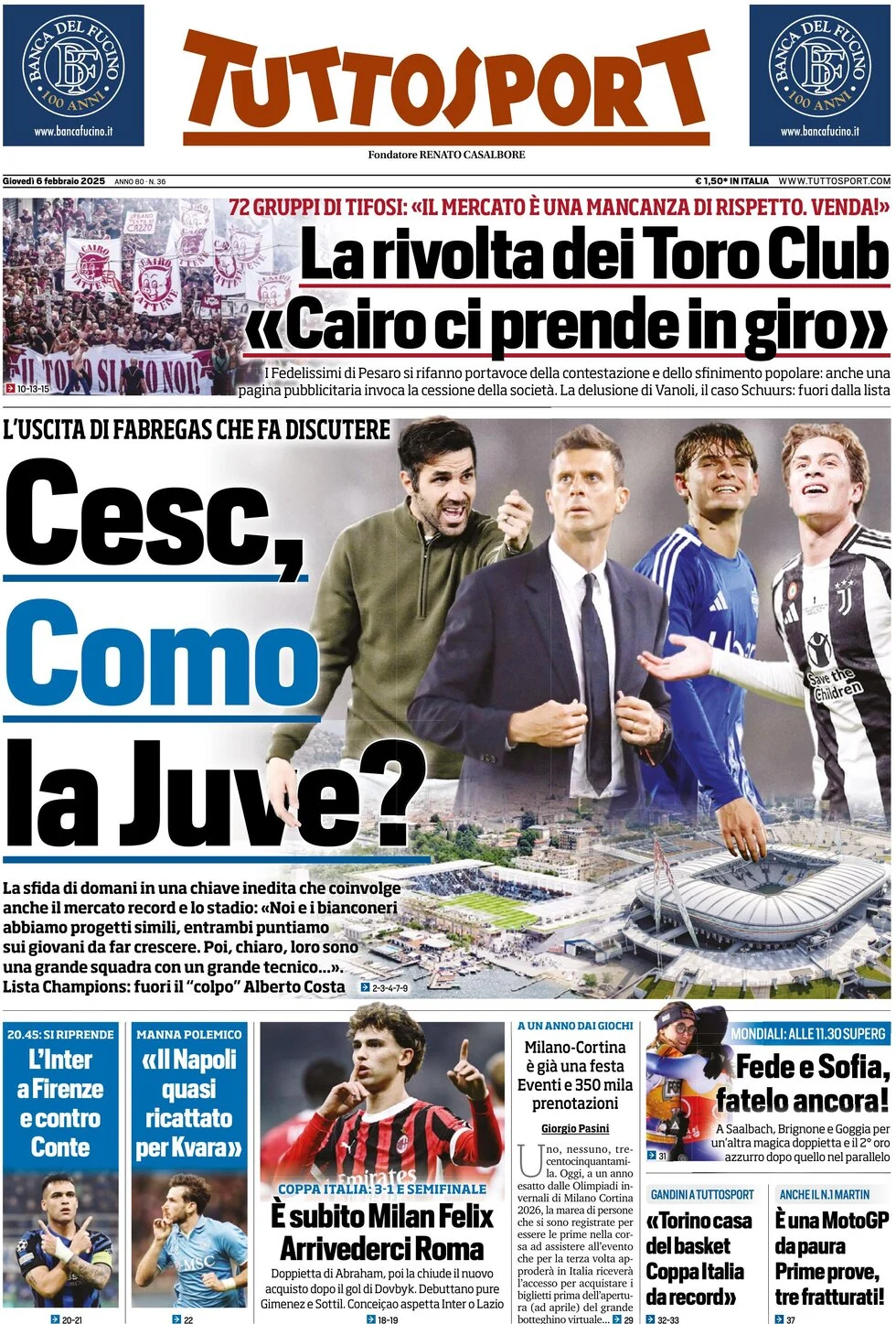 anteprima della prima pagina di tuttosport del 06/02/2025