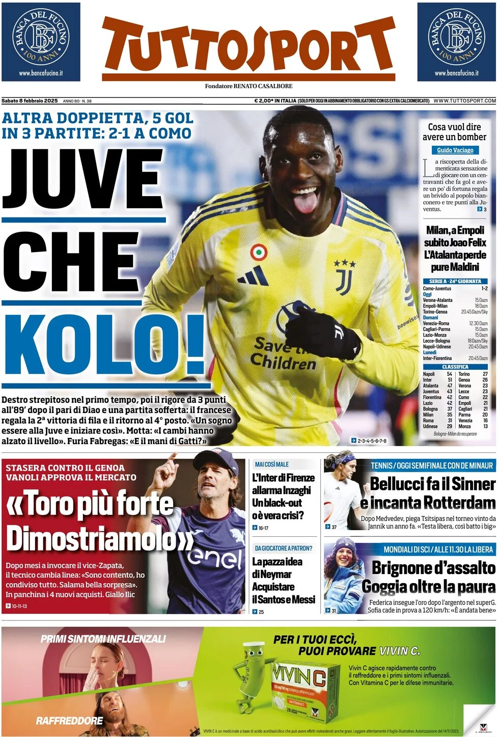 anteprima della prima pagina di tuttosport del 08/02/2025