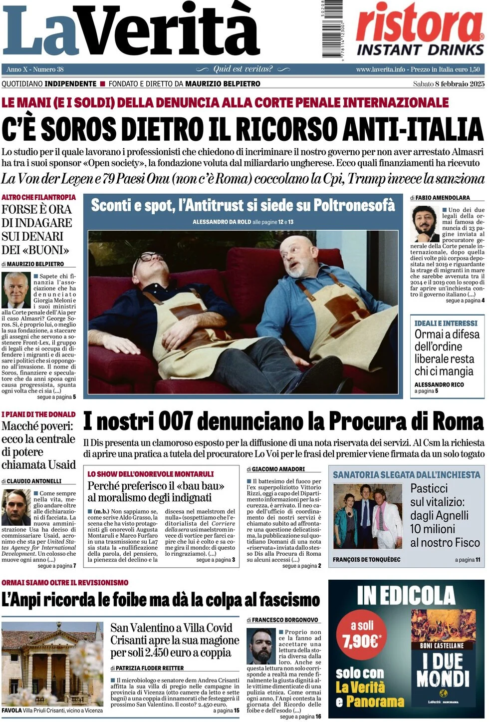 anteprima della prima pagina di la-verit del 08/02/2025