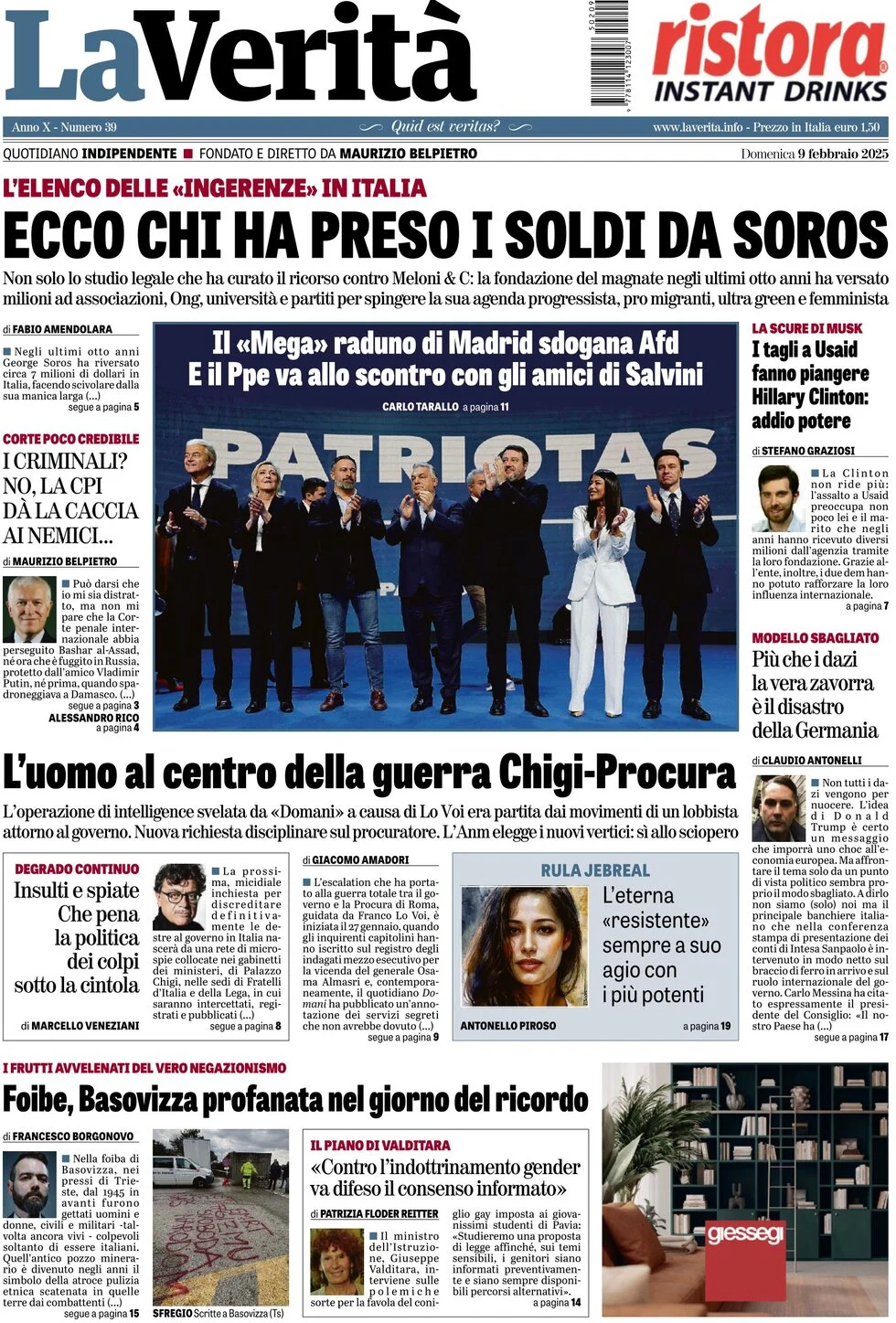 anteprima della prima pagina di la-verit del 09/02/2025