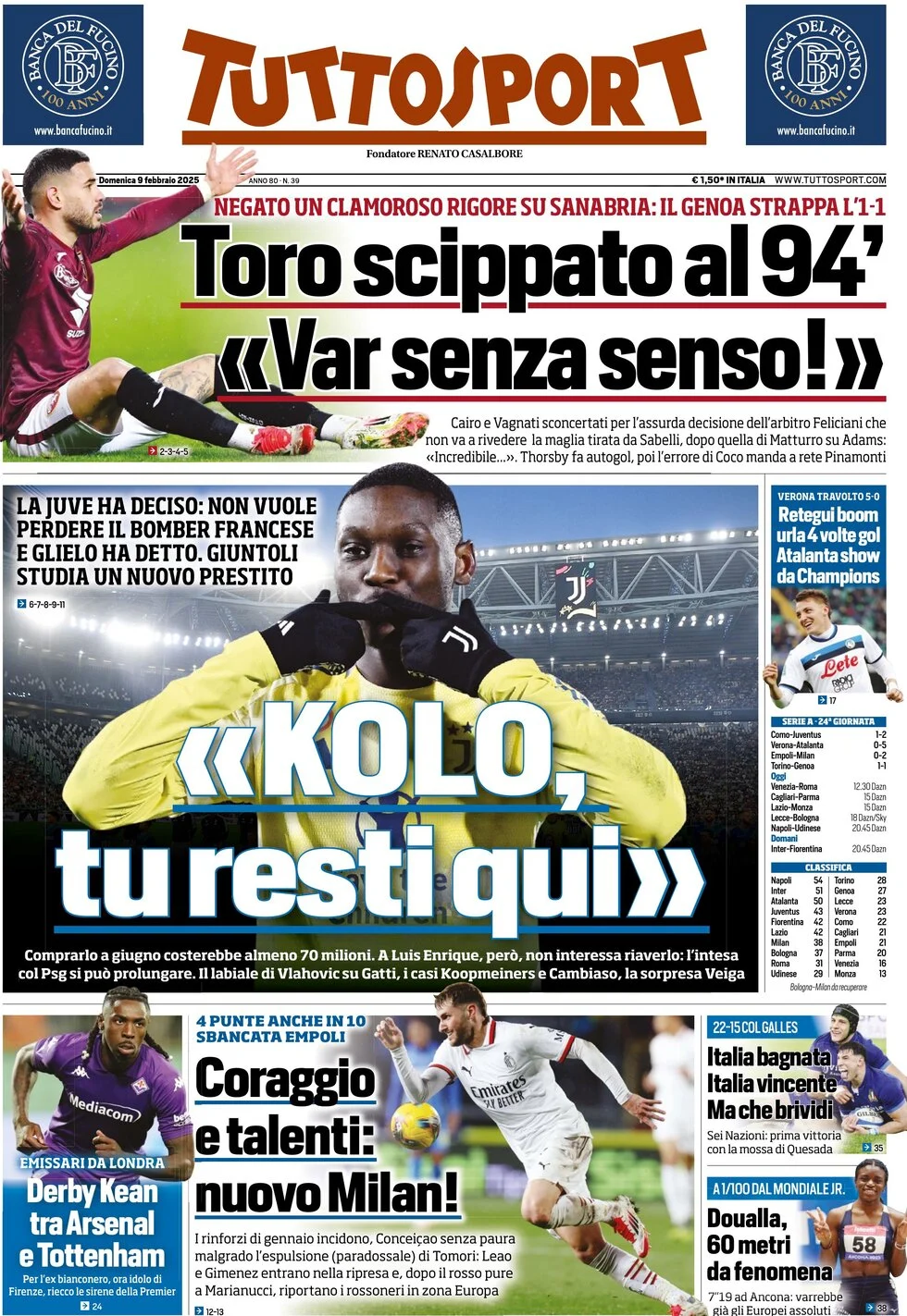 anteprima della prima pagina di tuttosport del 09/02/2025