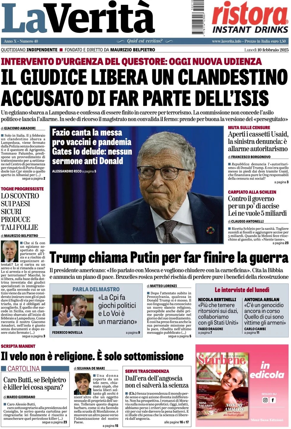 anteprima della prima pagina di la-verit del 10/02/2025