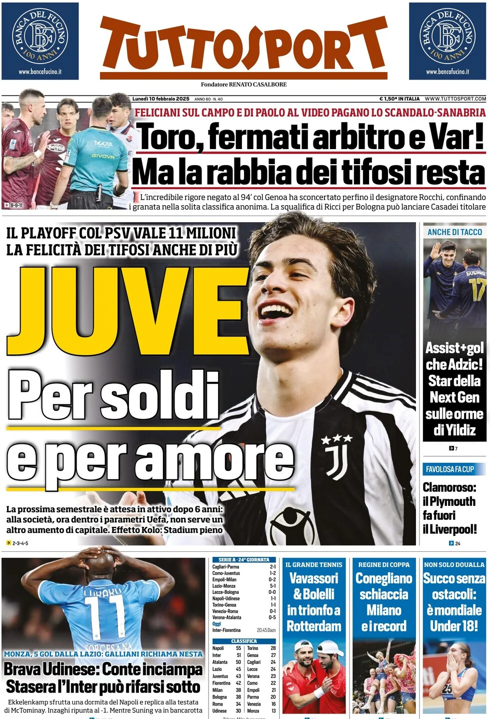 anteprima della prima pagina di tuttosport del 10/02/2025