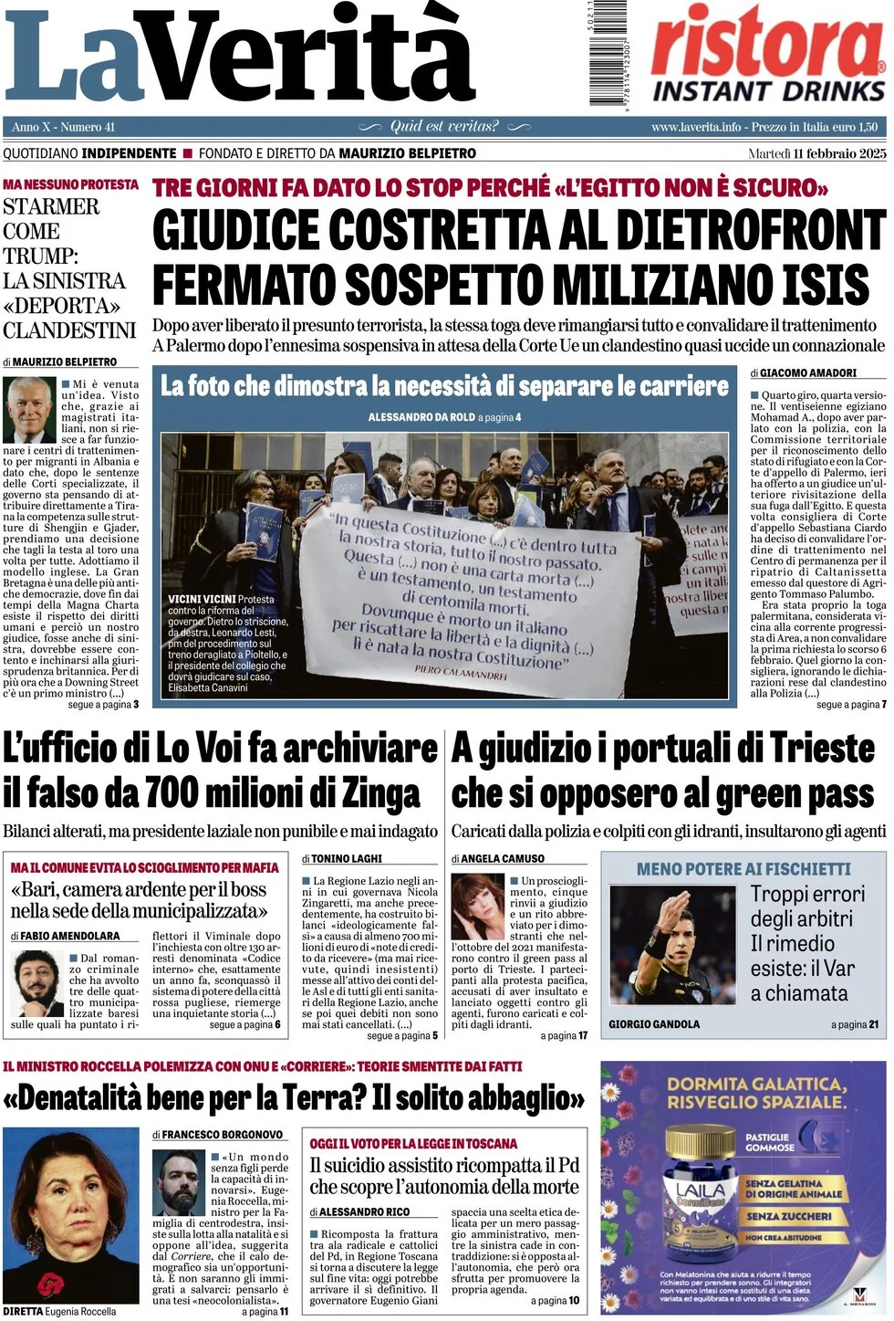 anteprima della prima pagina di la-verit del 11/02/2025