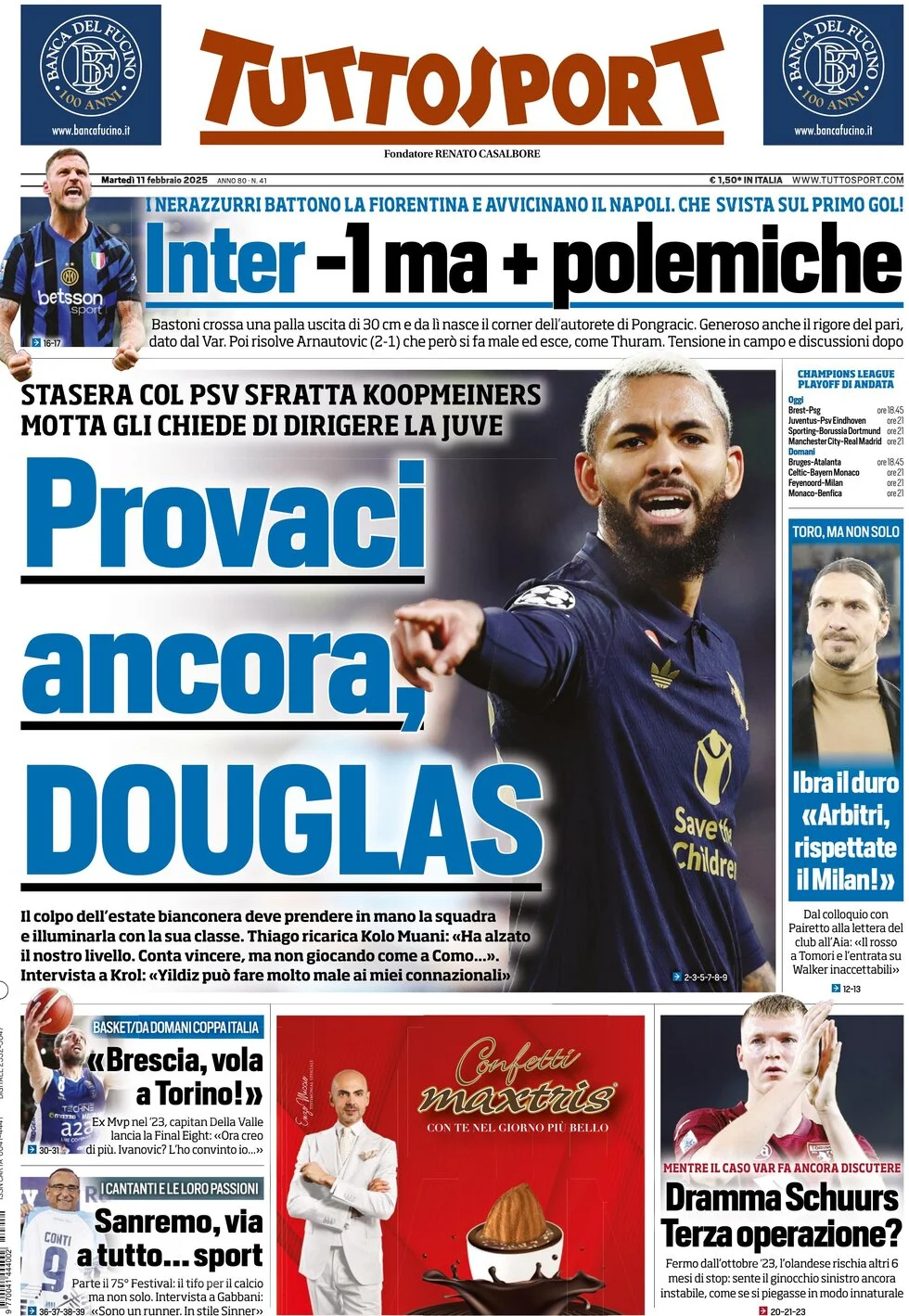 anteprima della prima pagina di tuttosport del 11/02/2025
