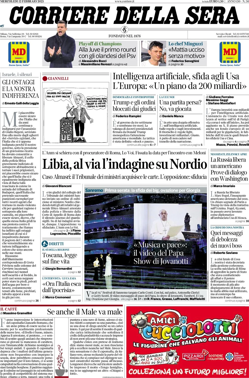anteprima della prima pagina di corriere-della-sera del 12/02/2025