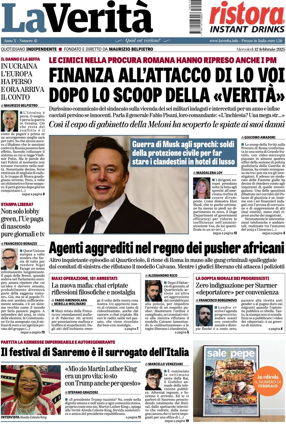 anteprima della prima pagina di la-verit del 12/02/2025