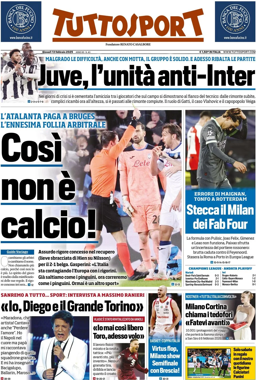 anteprima della prima pagina di tuttosport del 13/02/2025