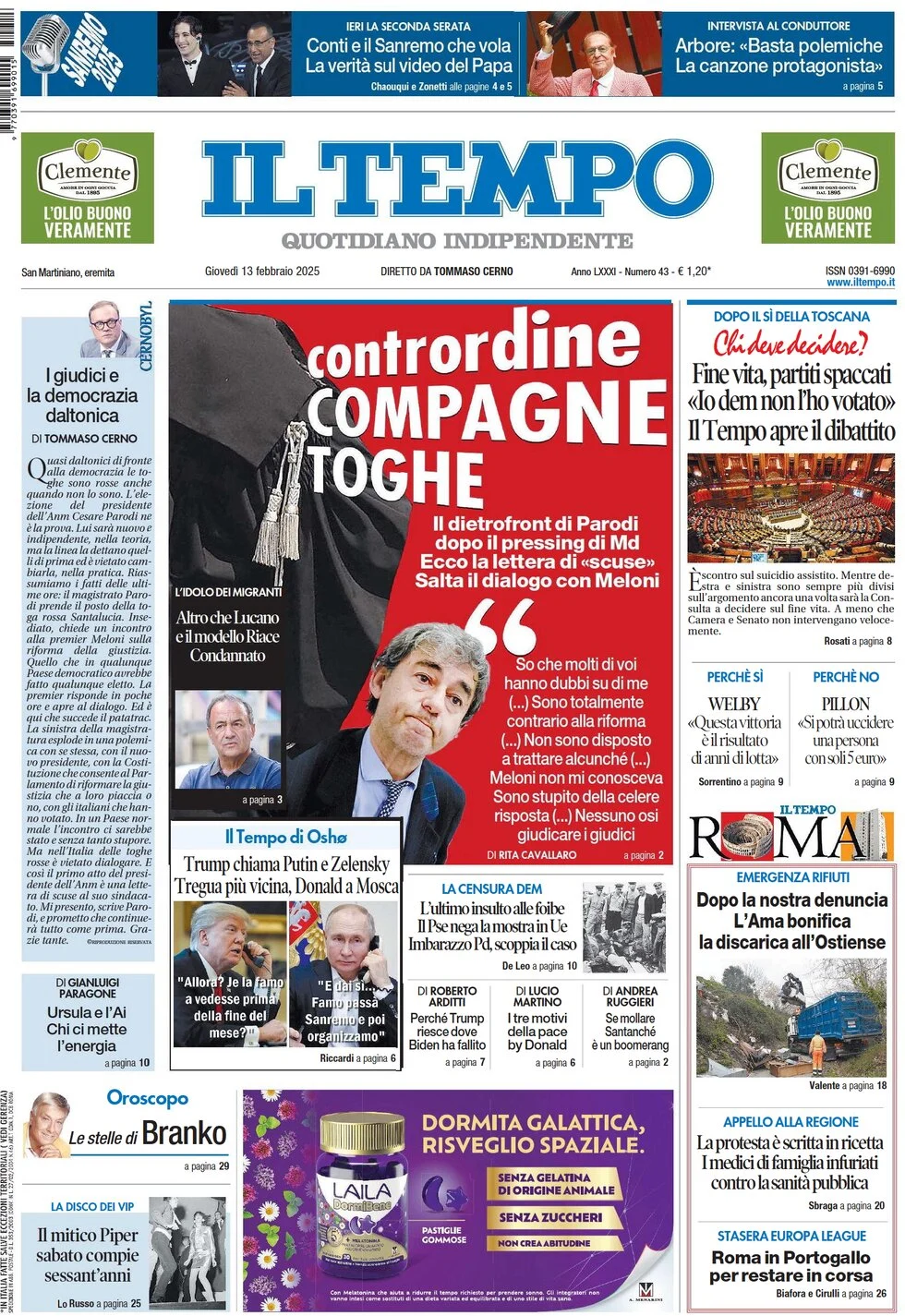 anteprima della prima pagina di il-tempo del 13/02/2025