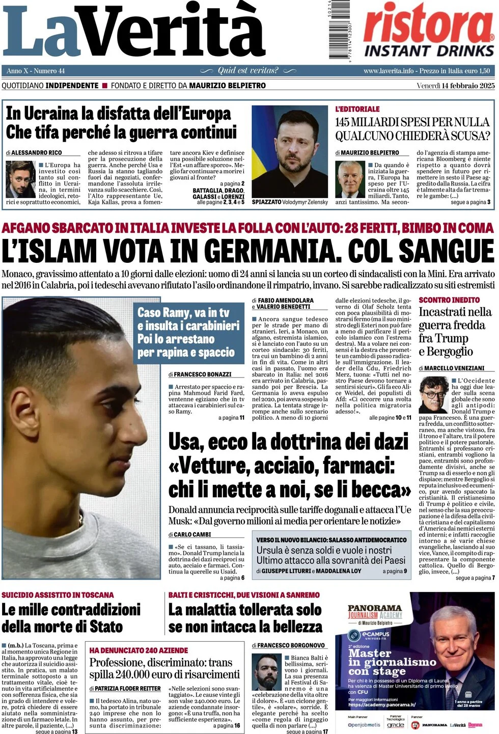 anteprima della prima pagina di la-verit del 14/02/2025