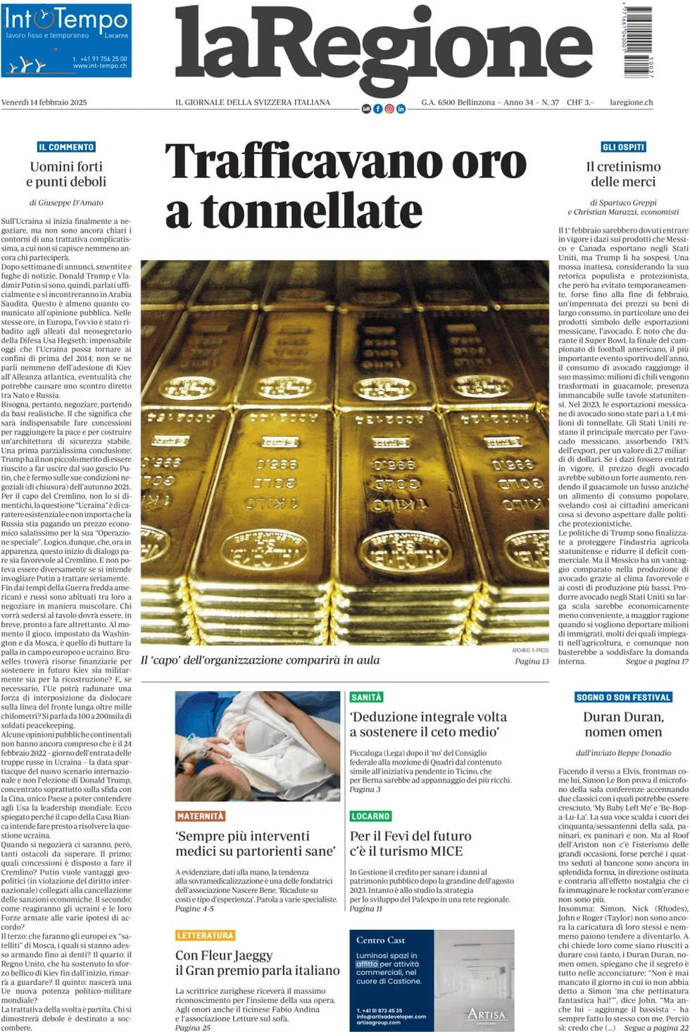 anteprima della prima pagina di la-regione del 14/02/2025
