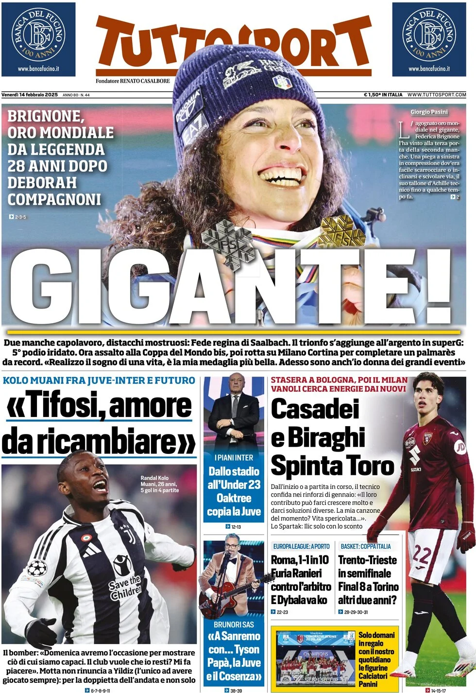 anteprima della prima pagina di tuttosport del 14/02/2025