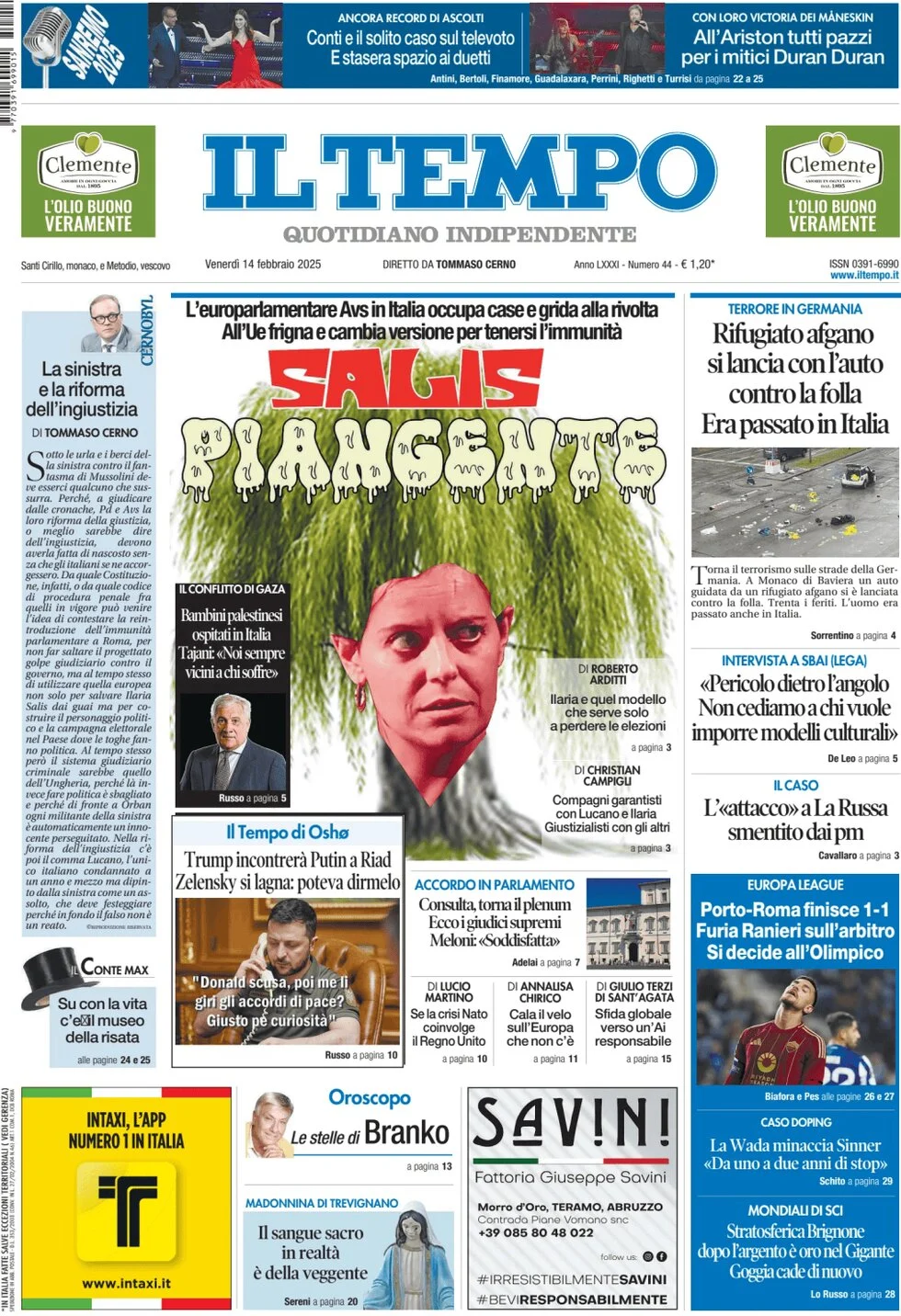 anteprima della prima pagina di il-tempo del 14/02/2025