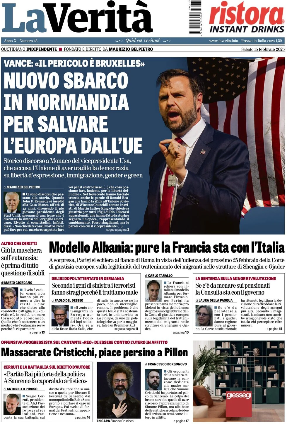 anteprima della prima pagina di la-verit del 15/02/2025