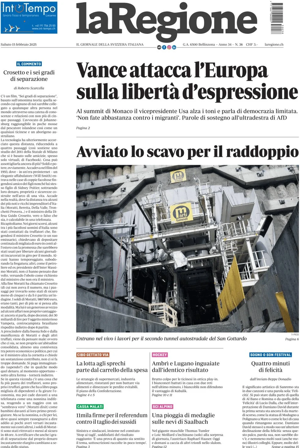 anteprima della prima pagina di la-regione del 15/02/2025