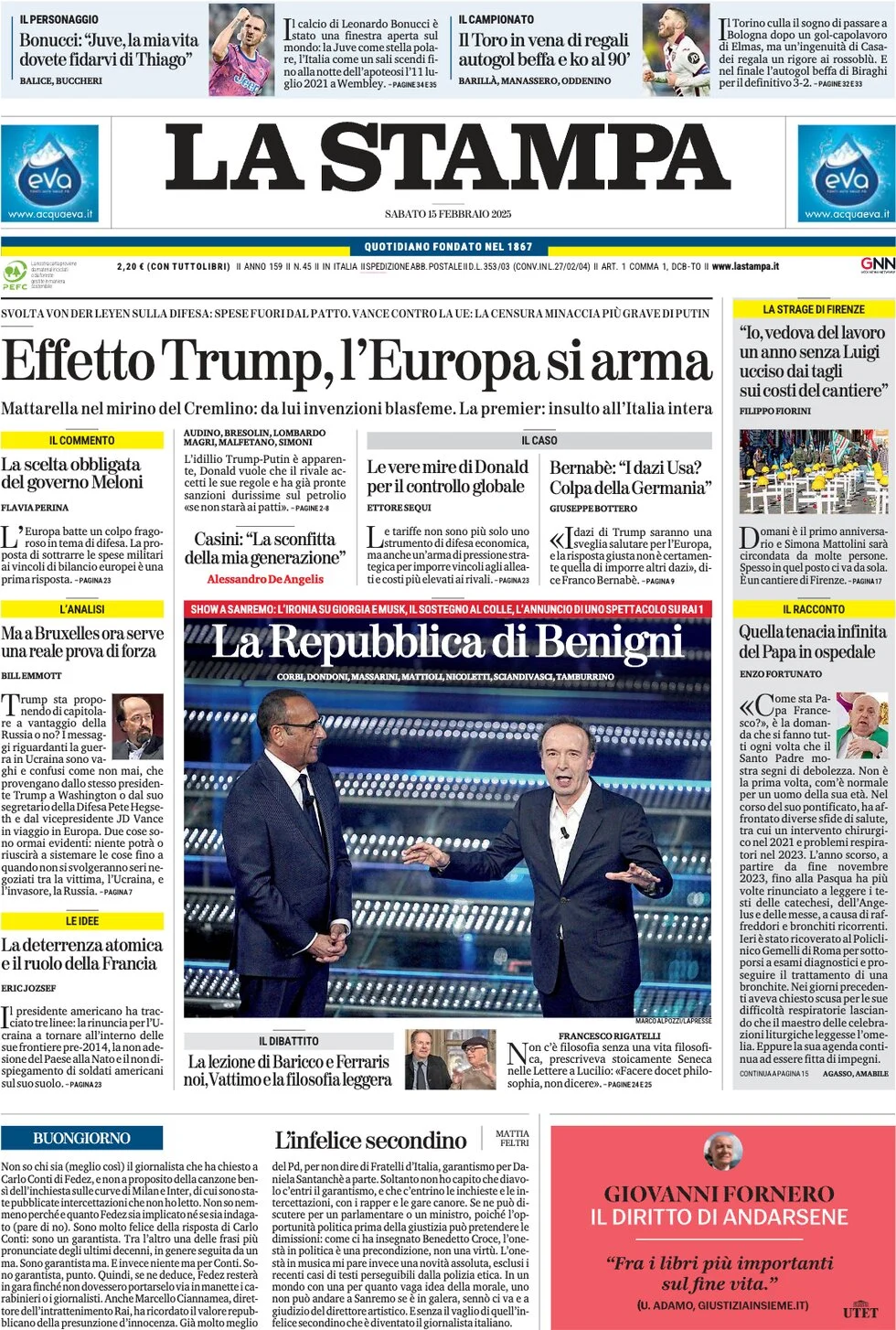 anteprima della prima pagina di la-stampa del 15/02/2025