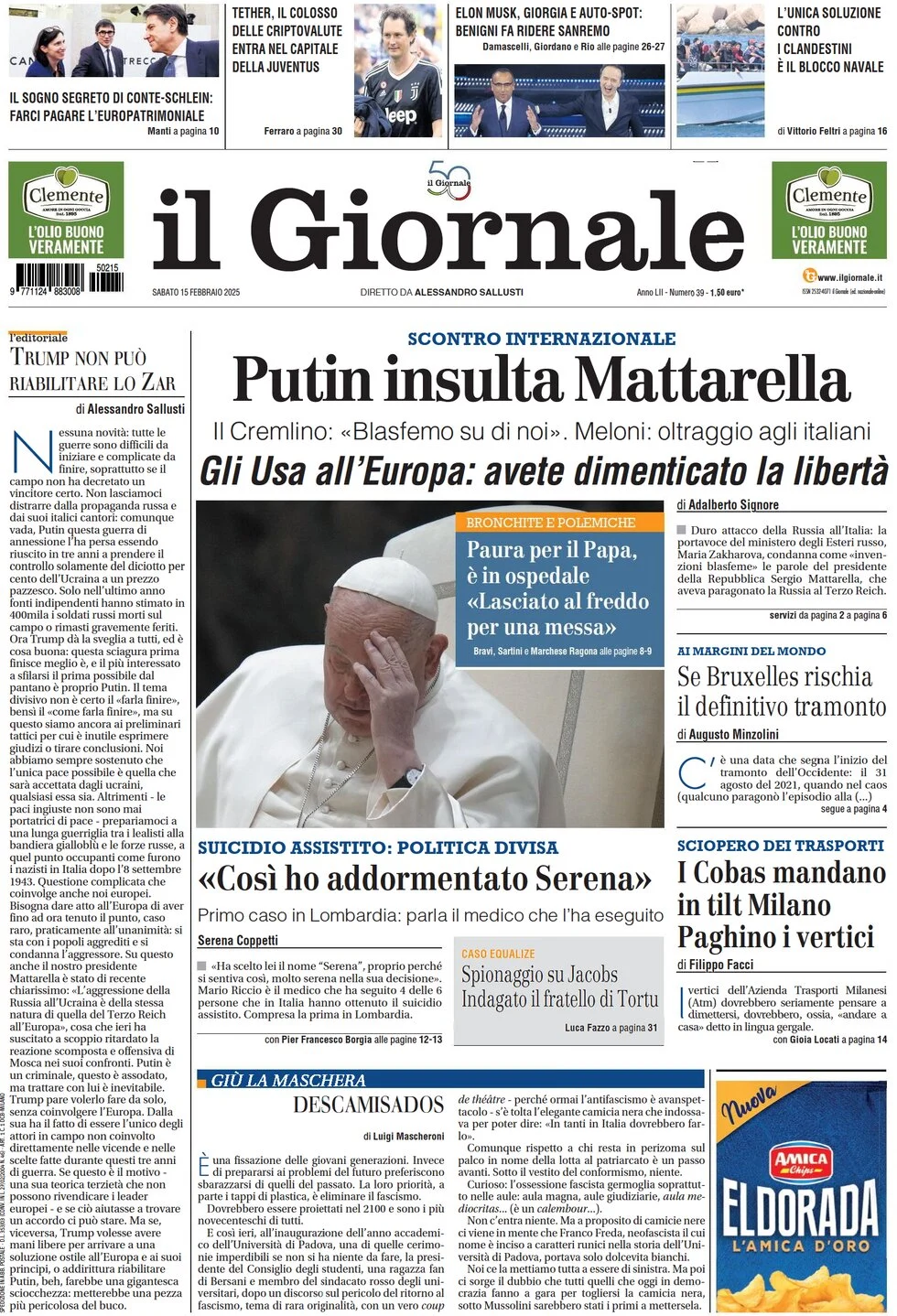 anteprima della prima pagina di il-giornale del 15/02/2025