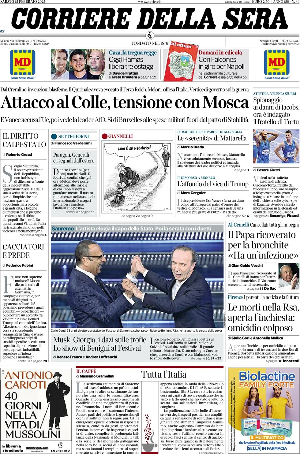 anteprima della prima pagina di corriere-della-sera del 15/02/2025
