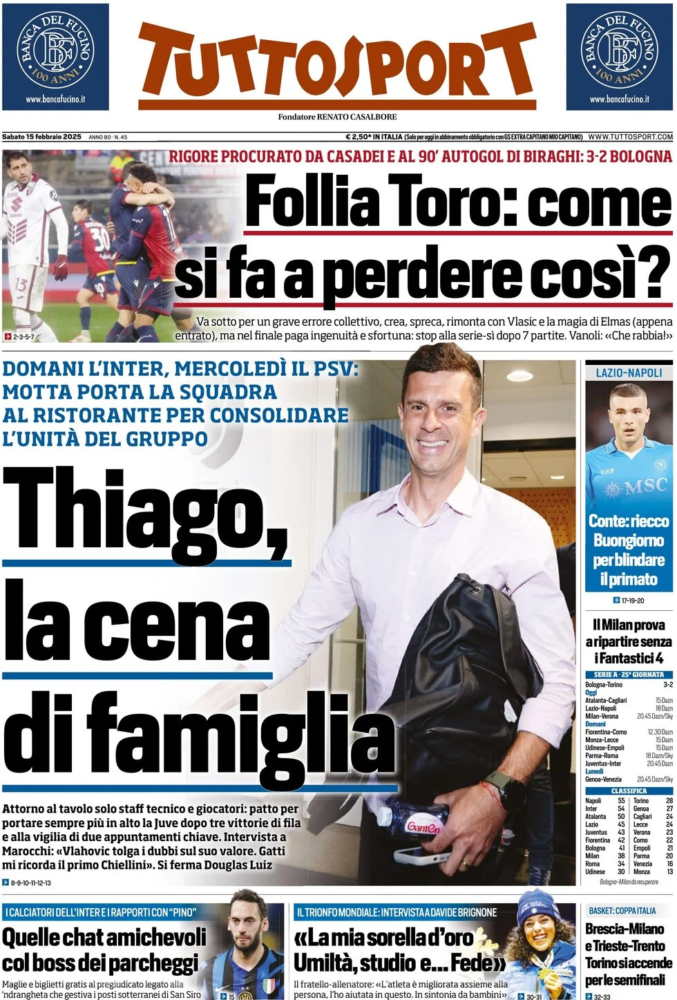 anteprima della prima pagina di tuttosport del 15/02/2025