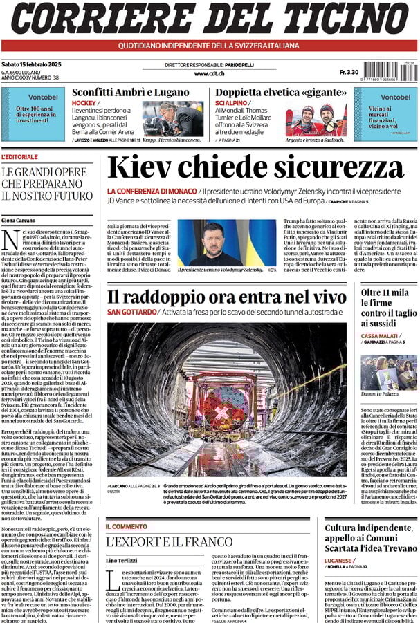 anteprima della prima pagina di corriere-del-ticino del 15/02/2025