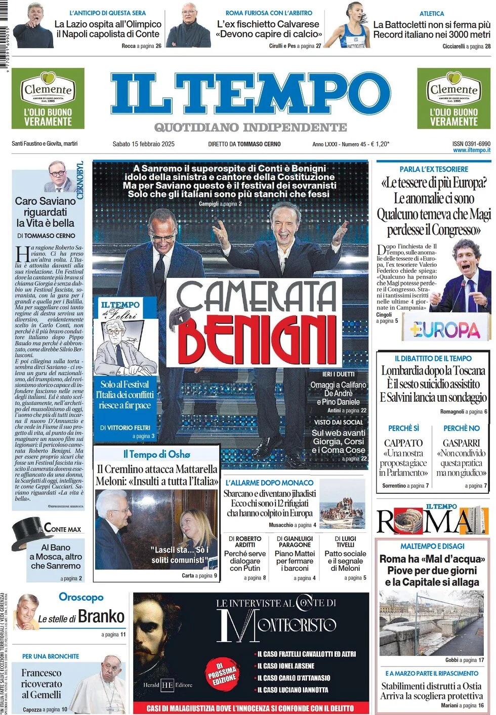 anteprima della prima pagina di il-tempo del 15/02/2025