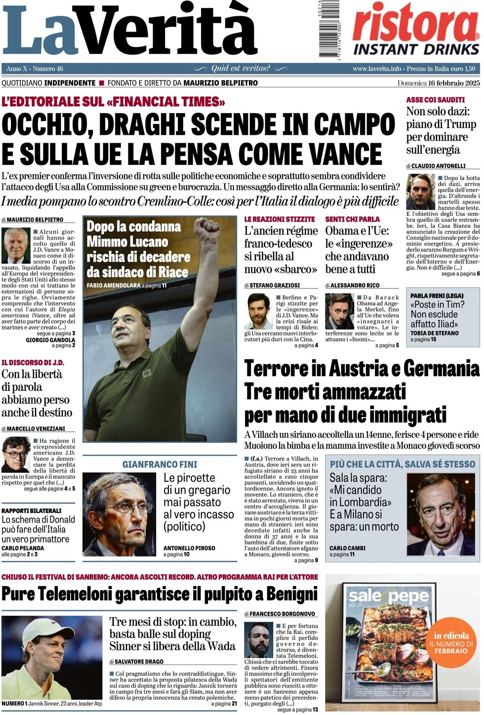 anteprima della prima pagina di la-verit del 16/02/2025