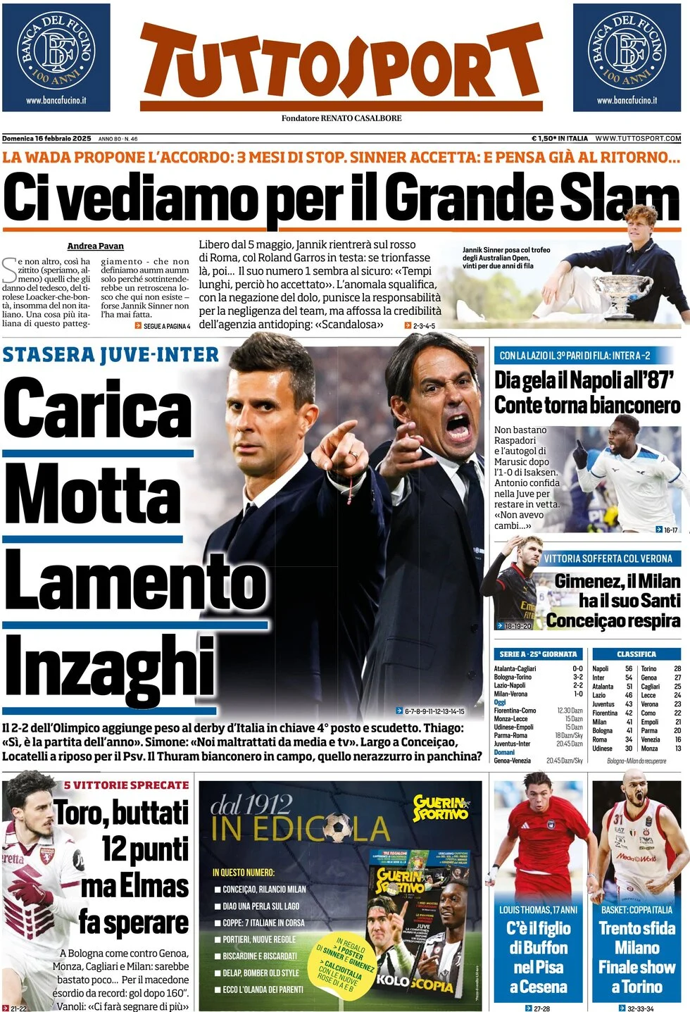 anteprima della prima pagina di tuttosport del 16/02/2025