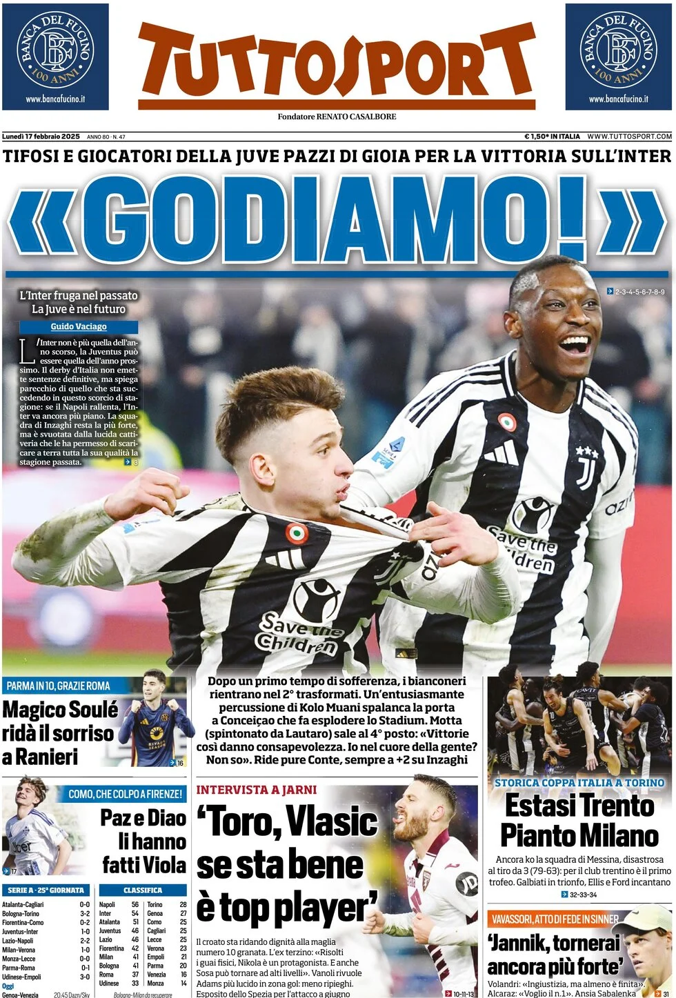 anteprima della prima pagina di tuttosport del 17/02/2025