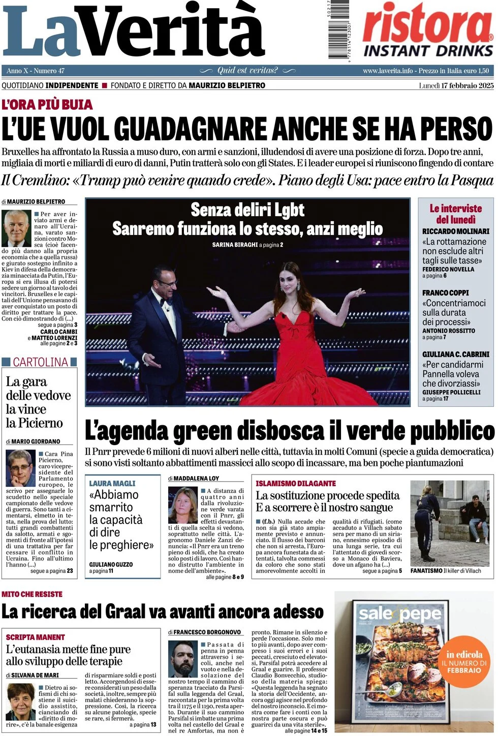 anteprima della prima pagina di la-verit del 17/02/2025