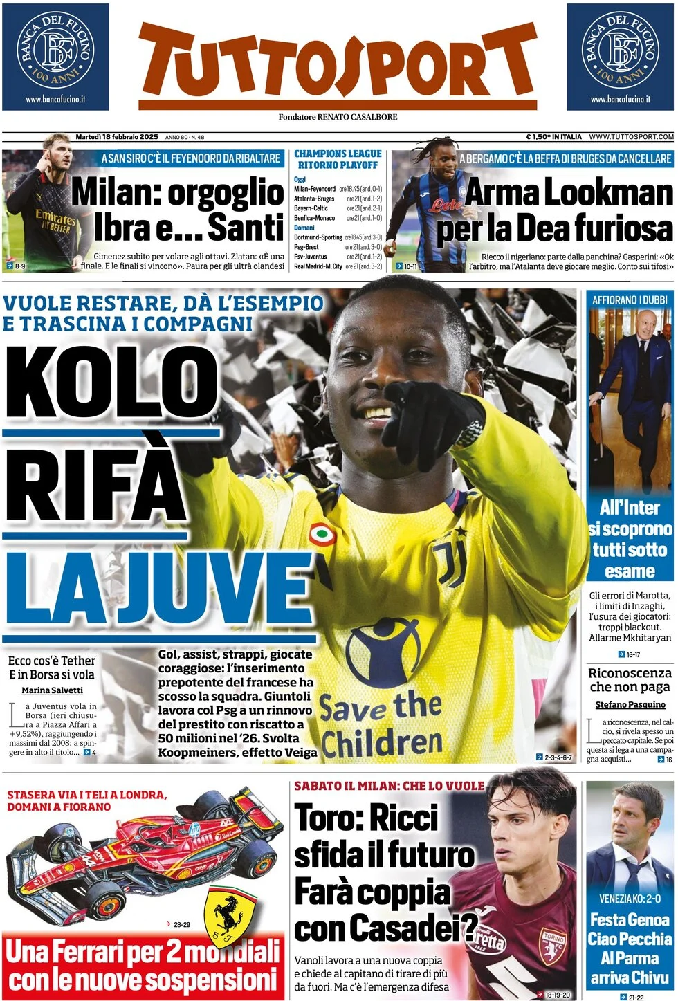 anteprima della prima pagina di tuttosport del 18/02/2025