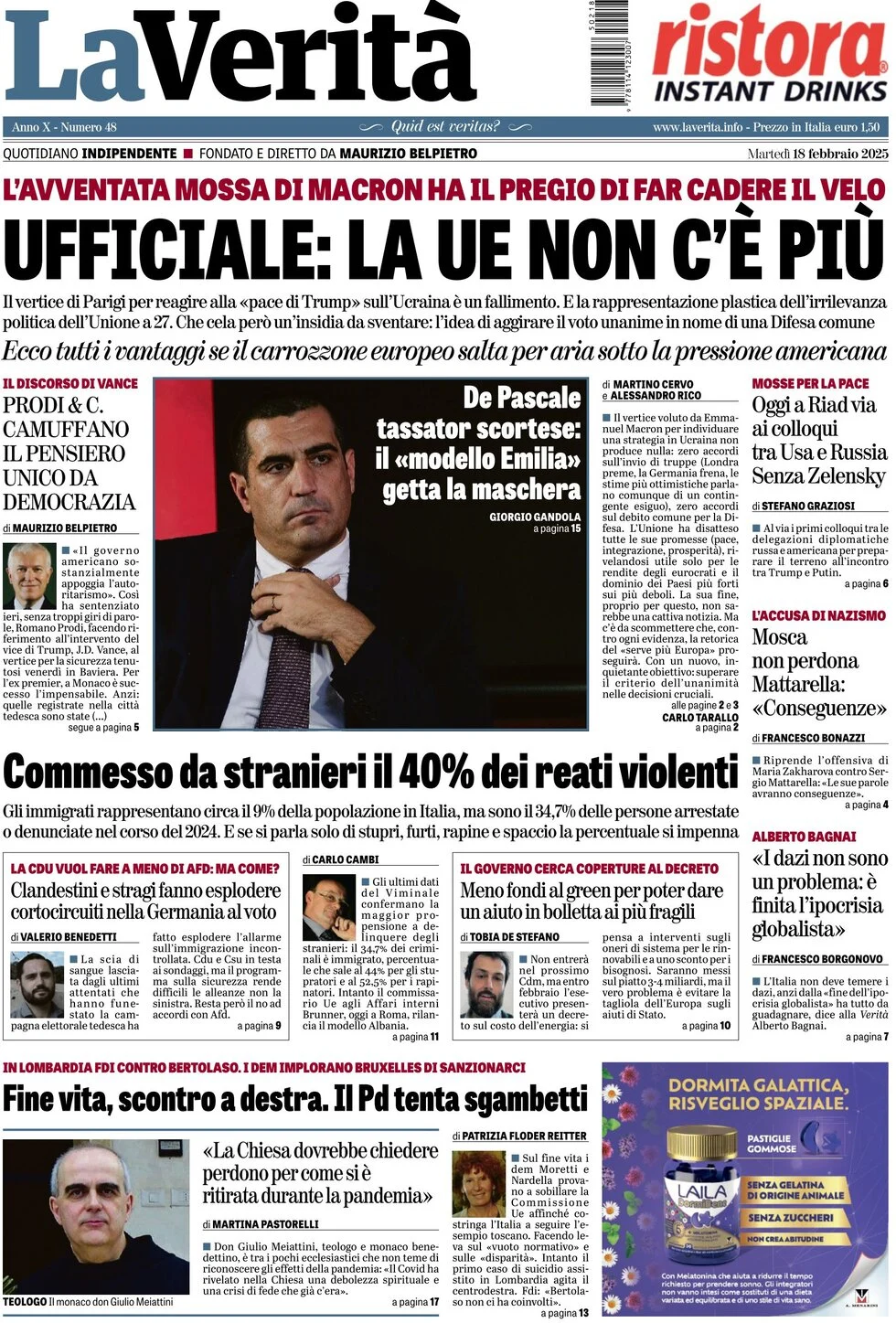 anteprima della prima pagina di la-verit del 18/02/2025