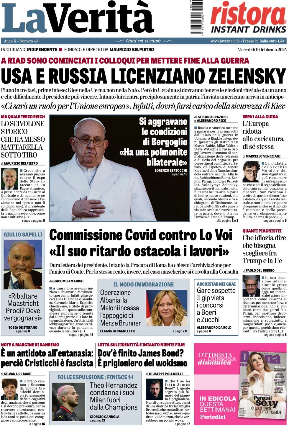 anteprima della prima pagina di la-verit del 19/02/2025